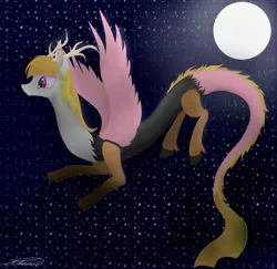 Size: 1110x1080 | Tagged: safe, artist:crystalcontemplator, derpibooru import, oc, unofficial characters only, draconequus, draconequus oc, flying, full moon, image, jpeg, moon, night, signature, solo, stars