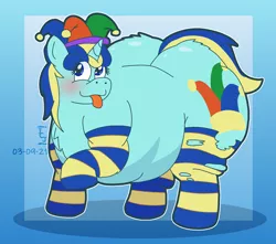 Size: 1832x1616 | Tagged: suggestive, artist:icecreamjaxxie, derpibooru import, oc, oc:jester bells, unofficial characters only, pony, unicorn, :3, :p, adorafatty, belly, big belly, blushing, butt, butt fluff, chest fluff, clothes, eye clipping through hair, fat, fat fetish, female, fetish, hat, huge butt, image, jester hat, large butt, mare, morbidly obese, obese, png, raised hoof, ripping clothes, socks, solo, stretched cutie mark, striped socks, tongue out, wardrobe malfunction