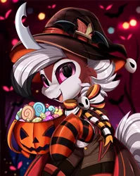 Size: 2550x3209 | Tagged: safe, artist:pridark, derpibooru import, part of a set, oc, ponified, unofficial characters only, pony, candy, clothes, commission, food, halloween, holiday, horn, image, jack-o-lantern, midnight lycanroc, nintendo, open mouth, png, pokémon, pumpkin, socks, solo, striped socks, ych result