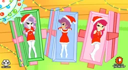 Size: 4000x2205 | Tagged: safe, artist:theminus, derpibooru import, apple bloom, scootaloo, sweetie belle, equestria girls, christmas, christmas lights, clothes, costume, cutie mark crusaders, evening gloves, gloves, hat, holiday, image, jpeg, long gloves, present, santa costume, santa hat, socks, stocking feet, stockings, thigh highs