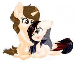 Size: 1308x1080 | Tagged: safe, artist:silentwolf-oficial, derpibooru import, oc, unofficial characters only, pegasus, pony, unicorn, eyelashes, horn, image, lying down, one eye closed, open mouth, pegasus oc, png, prone, simple background, smiling, solo, transparent background, unicorn oc, watermark, wings, wink