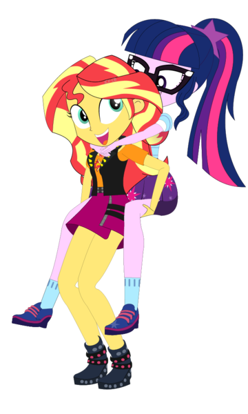 Size: 649x1081 | Tagged: safe, artist:jcpreactyt, derpibooru import, sci-twi, sunset shimmer, twilight sparkle, equestria girls, equestria girls series, clothes, cute, cutie mark, cutie mark on clothes, duo, duo female, female, geode of empathy, hair, hairpin, humans riding humans, image, lesbian, magical geodes, piggyback ride, png, ponytail, school uniform, scitwishimmer, shimmerbetes, shipping, shirt, skirt, sunsetsparkle