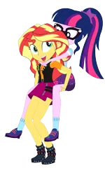 Size: 649x1081 | Tagged: safe, artist:jcpreactyt, derpibooru import, sci-twi, sunset shimmer, twilight sparkle, equestria girls, equestria girls series, clothes, cute, cutie mark, cutie mark on clothes, duo, duo female, female, geode of empathy, hair, hairpin, humans riding humans, image, lesbian, magical geodes, piggyback ride, png, ponytail, school uniform, scitwishimmer, shimmerbetes, shipping, shirt, skirt, sunsetsparkle