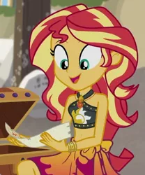 Size: 559x672 | Tagged: safe, derpibooru import, screencap, sunset shimmer, equestria girls, equestria girls series, x marks the spot, belly button, clothes, cropped, geode of empathy, image, magical geodes, png, sarong, sleeveless, solo, swimsuit