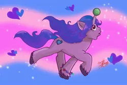 Size: 1772x1181 | Tagged: safe, artist:shacy's pagelings, derpibooru import, izzy moonbow, pony, unicorn, abstract background, ball, bracelet, female, g5, heart, horn, horn guard, horn impalement, hornball, image, izzy's tennis ball, jewelry, jpeg, mare, raised hoof, signature, solo, tennis ball, unshorn fetlocks
