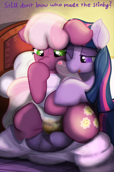 Size: 1439x2160 | Tagged: questionable, alternate version, artist:not_texmex, derpibooru import, cheerilee, twilight sparkle, pony, adult foal, backlighting, bed, bedroom, cheerilight, clothes, derpibooru exclusive, diaper, diaper check, diaper fetish, diaper training, female, fetish, heart, hug, image, lesbian, messy diaper, non-baby in diaper, pajamas, png, shipping, unpotty training