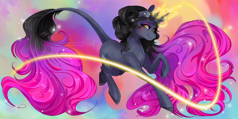 Size: 1920x960 | Tagged: safe, artist:wilvarin-liadon, derpibooru import, oc, oc:nightshade, pony, unicorn, female, image, jpeg, magic, mare, solo