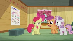 Size: 1280x720 | Tagged: safe, derpibooru import, screencap, apple bloom, scootaloo, sweetie belle, earth pony, pegasus, pony, unicorn, crusaders of the lost mark, clubhouse, crusaders clubhouse, female, filly, image, png