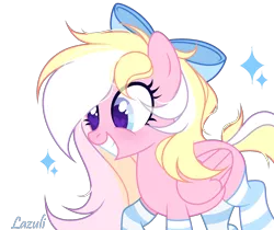 Size: 1856x1556 | Tagged: safe, artist:lazuli0209, derpibooru import, oc, oc:bay breeze, unofficial characters only, pegasus, pony, bow, clothes, cute, female, grin, hair bow, heart eyes, image, mare, ocbetes, pegasus oc, png, signature, simple background, smiling, socks, solo, striped socks, transparent background, wingding eyes, wings