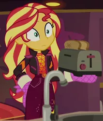 Size: 724x849 | Tagged: safe, derpibooru import, screencap, sunset shimmer, equestria girls, equestria girls series, sunset's backstage pass!, spoiler:eqg series (season 2), bread, clothes, cropped, food, image, png, solo, toast, toaster