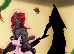 Size: 2431x1782 | Tagged: safe, artist:mixdaponies, derpibooru import, oc, oc:magpie, oc:thelostnarrator, christmas, holiday, image, jpeg, mistleholly, pyramid head, shadow, silent hill