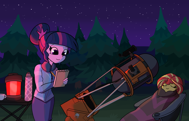 Size: 14279x9138 | Tagged: safe, artist:tjpones, derpibooru import, sci-twi, sunset shimmer, twilight sparkle, equestria girls, absurd resolution, commission, cup, eyes closed, forest, glasses off, image, missing accessory, night, png, red light, sleeping, sleeping bag, teacup, telescope, tree