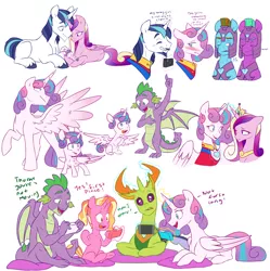Size: 6900x6914 | Tagged: safe, artist:chub-wub, derpibooru import, luster dawn, princess cadance, princess flurry heart, shining armor, spike, thorax, alicorn, changedling, changeling, dragon, pony, unicorn, alternate hairstyle, armor, beard, blushing, camera, clothes, crown, cute, facial hair, family, father and child, father and daughter, female, filly, flurrybetes, glowing horn, helmet, horn, image, jewelry, jpeg, king thorax, levitation, like father like daughter, like parent like child, magic, male, mare, missing cutie mark, mother and child, mother and daughter, moustache, nintendo, nintendo switch, older, older flurry heart, older spike, open mouth, pillow, raised hoof, regalia, royal guard, shiningcadance, shipping, shirt, simple background, sitting, stallion, straight, suit, telekinesis, uncle spike, unshorn fetlocks, white background, winged spike