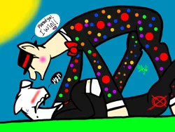 Size: 2048x1536 | Tagged: safe, artist:artmama113, derpibooru import, oc, ponified, earth pony, pony, unicorn, bowtie, broken horn, business suit, clothes, clown, earth pony oc, eyes closed, horn, image, jpeg, lying down, male, on back, outdoors, slenderman, stallion, sun, sweat, talking