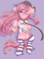 Size: 2250x3000 | Tagged: safe, artist:mirona9, derpibooru import, oc, oc:sweet haze, unofficial characters only, earth pony, bowtie, clothes, collar, commission, cuffs, featureless crotch, hat, image, kneesocks, leash, looking at you, lying, lying down, male, on back, one eye closed, png, shirt, socks, solo, striped socks, ych result