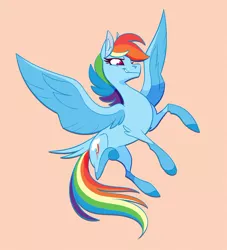 Size: 1000x1099 | Tagged: safe, artist:probablyfakeblonde, derpibooru import, part of a set, rainbow dash, pegasus, pony, alternate design, colored pupils, female, flying, image, jpeg, mare, simple background, smiling, solo, spread wings, tail feathers, tan background, wings