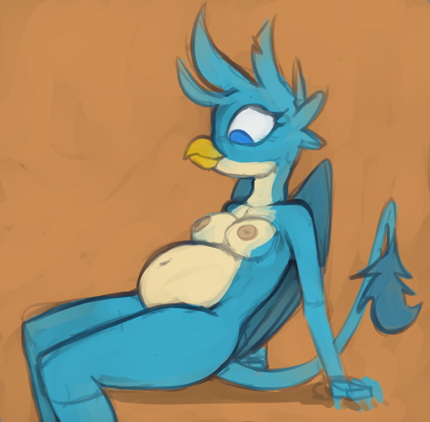 Size: 1116x1095 | Tagged: questionable, artist:marsminer, derpibooru import, gallus, anthro, gryphon, belly, big belly, breasts, female, gallina, image, nipples, nudity, png, pregnant, rule 63, solo, solo female