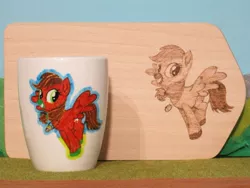 Size: 1024x769 | Tagged: safe, artist:malte279, derpibooru import, oc, oc:questionmark, pegasus, pony, craft, cup, image, jpeg, pegasus oc, porcelain painting, pyrography, traditional art, wings