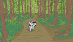 Size: 2624x1529 | Tagged: safe, artist:happy harvey, derpibooru import, oc, oc:anonfilly, oc:zala, unofficial characters only, earth pony, pony, zebra, backpack, bedroll, bracelet, bush, colored, dirt, drawn on phone, female, filly, forest, grass, image, jewelry, journey, png, rope, scenery, shading, trail, travelling, tree, walking, zebra oc