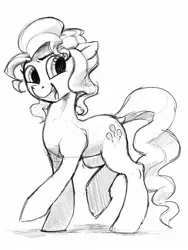 Size: 1536x2048 | Tagged: safe, artist:dimfann, derpibooru import, oc, unofficial characters only, earth pony, pony, female, image, jpeg, looking at you, mare, monochrome, not pinkie pie, open mouth, raised hoof, raised leg, sketch, smiling, solo, three quarter view
