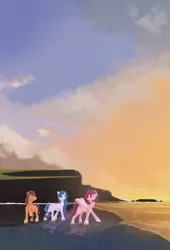 Size: 2200x3241 | Tagged: safe, artist:scarlet wayfarer, derpibooru import, izzy moonbow, pipp petals, sunny starscout, earth pony, pegasus, pony, unicorn, beach, digital art, female, g5, image, jpeg, scenery, smiling, trio