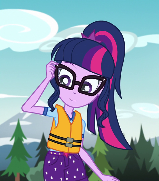 Size: 948x1080 | Tagged: safe, derpibooru import, edit, edited screencap, editor:mycarhasamoustache, screencap, sci-twi, twilight sparkle, equestria girls, legend of everfree, camp everfree outfits, cropped, image, lifejacket, png, smile edit, solo