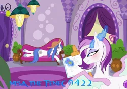 Size: 1280x895 | Tagged: safe, artist:misathefenec0422, derpibooru import, oc, oc:amethyst, oc:fleur de cirey, unofficial characters only, dracony, hybrid, pony, blushing, couch, draw me like one of your french girls, drawing, female, hat, image, interspecies offspring, jpeg, lesbian, levitation, magic, mare, oc x oc, offspring, parent:fancypants, parent:fleur-de-lis, parent:rarity, parent:spike, parents:fancyfleur, parents:sparity, pencil, shipping, telekinesis