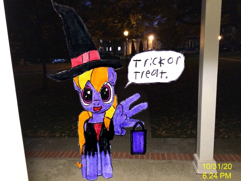Size: 3264x2448 | Tagged: safe, alternate version, artist:topsangtheman, derpibooru import, cloud kicker, pegasus, pony, dialogue, halloween, holiday, image, irl, jpeg, looking at you, photo, ponies in real life, solo, trick or treat