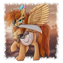Size: 2000x2000 | Tagged: safe, artist:dreamy, artist:littledreamycat, derpibooru import, oc, oc:thunder twirl, pegasus, pony, clothes, costume, eyepatch, feather, female, gun, halloween, holiday, holster, image, mare, mouth hold, nightmare night, patreon, patreon reward, png, weapon