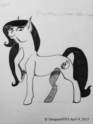 Size: 1224x1632 | Tagged: safe, artist:stargazerseven, derpibooru import, oc, oc:eloquence, unofficial characters only, earth pony, pony, earth pony oc, hoof on chest, image, lineart, monochrome, png, solo, traditional art