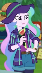 Size: 337x585 | Tagged: safe, derpibooru import, screencap, princess celestia, equestria girls, equestria girls series, the road less scheduled, the road less scheduled: celestia, spoiler:eqg series (season 2), belt, clothes, cropped, eating, feather necklace, flannel, flannel shirt, food, hand on hip, hat, image, pantyhose, png, principal celestia, puffy cheeks, shorts, solo, sushi, sushi cone, watch, wristband, wristwatch