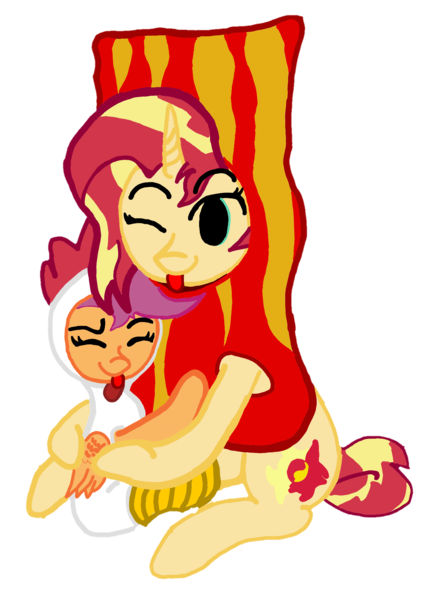 Size: 1359x1852 | Tagged: safe, artist:antique1899, derpibooru import, scootaloo, sunset shimmer, bird, chicken, pegasus, pony, unicorn, :p, animal costume, bacon, chicken suit, clothes, costume, cute, digital art, food, hug, image, meat, png, pun, scootachicken, shimmerbetes, silly, simple background, tongue out, transparent background, visual pun