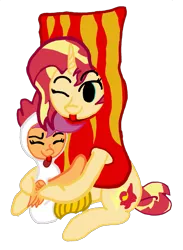 Size: 1359x1852 | Tagged: safe, artist:antique1899, derpibooru import, scootaloo, sunset shimmer, bird, chicken, pegasus, pony, unicorn, :p, animal costume, bacon, chicken suit, clothes, costume, cute, digital art, food, hug, image, meat, png, pun, scootachicken, shimmerbetes, silly, simple background, tongue out, transparent background, visual pun