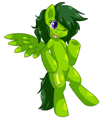 Size: 6708x7618 | Tagged: safe, artist:almaustral, artist:fizzy-dog, derpibooru import, edit, oc, oc:lemonade, unofficial characters only, pegasus, pony, bipedal, image, one eye closed, open mouth, pegasus oc, png, simple background, solo, spread wings, transparent background, underhoof, wings, wink