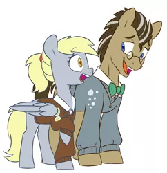 Size: 3738x3865 | Tagged: safe, artist:chub-wub, derpibooru import, derpy hooves, doctor whooves, time turner, earth pony, pegasus, pony, alternate hairstyle, bowtie, clothes, doctorderpy, duo, female, glasses, image, jpeg, male, older, older derpy hooves, open mouth, raised hoof, shipping, shirt, simple background, straight, sweater, sweater vest, vest, white background