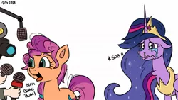 Size: 1200x675 | Tagged: safe, artist:pony-berserker, derpibooru import, princess twilight 2.0, sunny starscout, twilight sparkle, twilight sparkle (alicorn), alicorn, earth pony, human, pony, the last problem, abuse, booger, camera, crown, crying, female, g5, hand, image, jewelry, jpeg, mare, microphone, offscreen character, older, older twilight, open mouth, peytral, regalia, simple background, twilybuse, white background