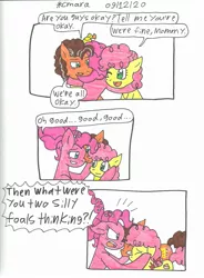 Size: 1611x2183 | Tagged: safe, artist:cmara, derpibooru import, cheese sandwich, li'l cheese, pinkie pie, earth pony, pony, the last problem, angry, big hero 6, bipedal, cheesepie, comic, eyes closed, father and child, father and daughter, female, filly, gritted teeth, hug, image, jpeg, male, mare, mother and child, mother and daughter, older, older cheese sandwich, older pinkie pie, open mouth, pinkie pie is not amused, shipping, simple background, stallion, straight, unamused, white background