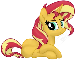 Size: 1282x1014 | Tagged: safe, artist:soctavia, derpibooru import, sunset shimmer, pony, unicorn, adorasexy, bedroom eyes, cute, female, image, looking at you, lying down, mare, png, sexy, shimmerbetes, simple background, solo, transparent background