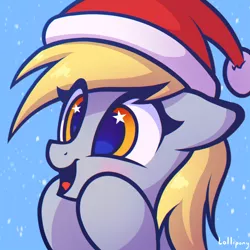 Size: 1000x1000 | Tagged: safe, artist:lollipony, derpibooru import, derpy hooves, pegasus, pony, blushing, bust, christmas, commission, cute, derpabetes, eye clipping through hair, female, floppy ears, happy, hat, holiday, image, jpeg, mare, open mouth, portrait, santa hat, smiling, snow, solo, starry eyes, wingding eyes