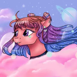 Size: 1080x1080 | Tagged: safe, artist:pony_riart, derpibooru import, oc, unofficial characters only, earth pony, pony, bust, choker, cloud, ear piercing, earth pony oc, eyelashes, image, jpeg, jupiter, outdoors, piercing, solo, stars