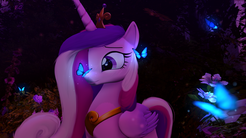 Size: 1920x1080 | Tagged: safe, artist:elektra-gertly, derpibooru import, princess cadance, alicorn, butterfly, insect, pony, 3d, butterfly on nose, female, flower, image, insect on nose, mare, png, solo, source filmmaker