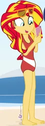 Size: 690x1917 | Tagged: safe, artist:dm29, derpibooru import, sunset shimmer, equestria girls, barefoot, beach, clothes, cropped, down under summer, feet, female, image, one-piece swimsuit, phone, png, sandals, solo, swimsuit