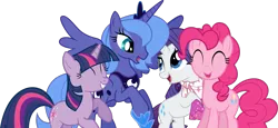 Size: 1753x804 | Tagged: safe, artist:lunarangel, derpibooru import, edit, pinkie pie, princess luna, rarity, twilight sparkle, alicorn, earth pony, pony, unicorn, clothes, cute, eyes closed, female, happy, image, jewelry, lesbian, looking at each other, lunapie, lunararitwipie, png, polyamory, quartet, raised hoof, raised hooves, rarilight, rariluna, raripie, regalia, s1 luna, scarf, shipping, shoes, simple background, smiling, spread wings, transparent background, twiluna, twinkie, unicorn twilight, vector, wings