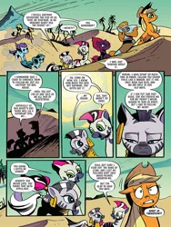 Size: 768x1024 | Tagged: safe, artist:andypriceart, derpibooru import, idw, applejack, cactus rose, crystal (character), dust devil (comic), marini, medley brook, rockhoof, tempest shadow, zecora, abada, earth pony, kelpie, unicorn, zebra, spoiler:comic, spoiler:comic91, desert, female, image, jpeg, male, nonbinary, preview, season 10