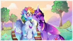 Size: 3432x1905 | Tagged: safe, artist:aaa-its-spook, derpibooru import, rainbow dash, twilight sparkle, twilight sparkle (alicorn), alicorn, pegasus, pony, alternate hairstyle, bench, blaze (coat marking), bush, cheek fluff, chest fluff, colored wings, dialogue, ear fluff, ethereal mane, eye clipping through hair, eyebrows visible through hair, eyes closed, female, floppy ears, folded wings, hoof fluff, image, jpeg, kissing, lesbian, mare, marriage proposal, multicolored wings, nervous, nuzzling, shipping, sitting, smooch, spread wings, starry mane, tree, twidash, wing fluff, wings