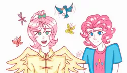 Size: 1248x720 | Tagged: safe, artist:sungalaxaa, derpibooru import, fluttershy, pinkie pie, butterfly, human, insect, adoraberry, adorascotch, alternate hairstyle, blushing, bubble berry, butterscotch, clothes, cute, duo, humanized, image, jpeg, male, open mouth, rule 63, shirt, simple background, t-shirt, vest, white background, winged humanization, wings