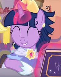 Size: 577x724 | Tagged: safe, derpibooru import, screencap, twilight sparkle, twilight sparkle (alicorn), alicorn, pony, memories and more, spoiler:memories and more, ^^, clothes, coronation dress, cropped, crown, cute, dress, eyes closed, glowing horn, horn, image, jewelry, messy mane, png, regalia, smiling, solo, twiabetes