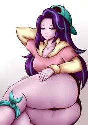 Size: 700x1000 | Tagged: source needed, suggestive, alternate version, artist:redvalshay, derpibooru import, rarity, starlight glimmer, equestria girls, alternate hairstyle, arm behind head, ass, bedroom eyes, breasts, butt, clothes, disguise, glimmer glutes, hat, image, legs, panties, plainity, png, underwear