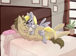 Size: 1842x1378 | Tagged: safe, artist:lillian, derpibooru import, derpy hooves, doctor whooves, time turner, earth pony, pegasus, pony, bed, bedroom, blanket, boop, chest fluff, commission, cuddling, cute, derpabetes, doctorderpy, ear fluff, eyes closed, female, flower, flower pot, grin, hug, image, male, mare, open mouth, pillow, png, raised hoof, shipping, smiling, stallion, straight, ych result