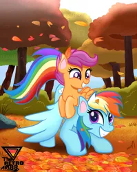 Size: 2900x3648 | Tagged: safe, artist:theretroart88, derpibooru import, rainbow dash, scootaloo, pegasus, pony, autumn, cute, cutealoo, dashabetes, duo, high res, image, leaves, png, scootalove, smiling, tree